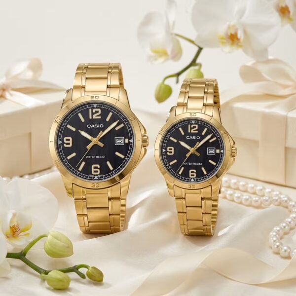 Casio couple watches with black dials and golden stainless-steel bands
