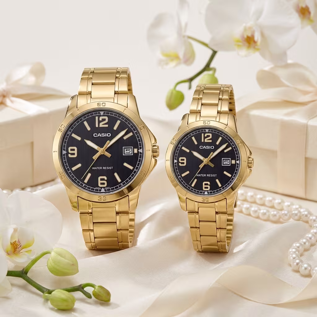 Casio couple watches with black dials and golden stainless-steel bands