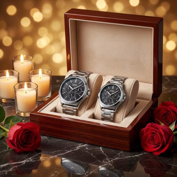 Casio black multi-dial couple watch set presented as a wedding or anniversary gift