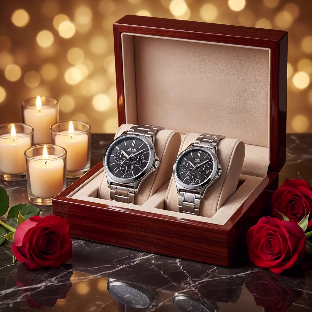 Casio black multi-dial couple watch set presented as a wedding or anniversary gift