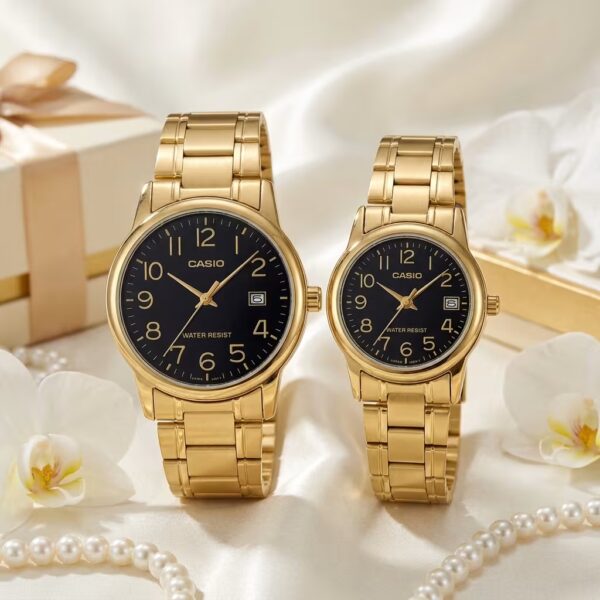 Casio couple watches with black numeric dials and golden stainless-steel bands
