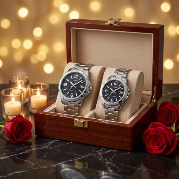 Casio black dial silver couple watch set presented as a wedding or anniversary gift