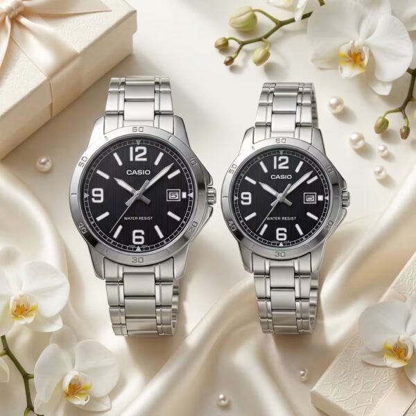 Casio couple watches with black sporty dials and silver stainless-steel bands