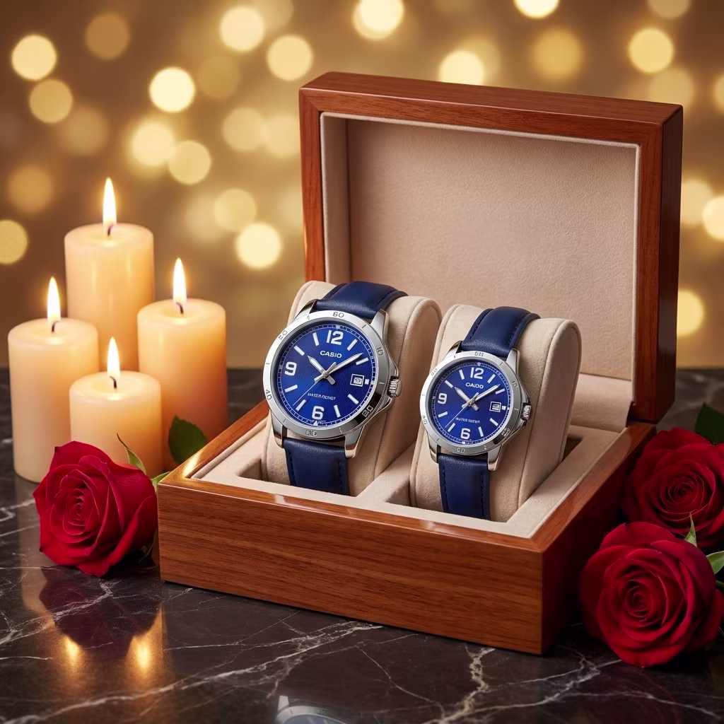 Casio Blue Leather Couple Watches with Blue Analog Dial - Image 3