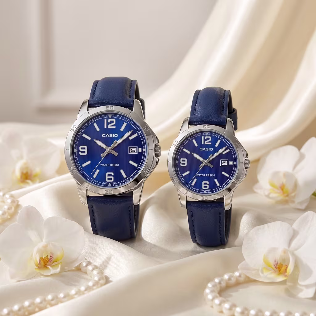 Casio couple watches with blue analog dials and matching blue leather straps