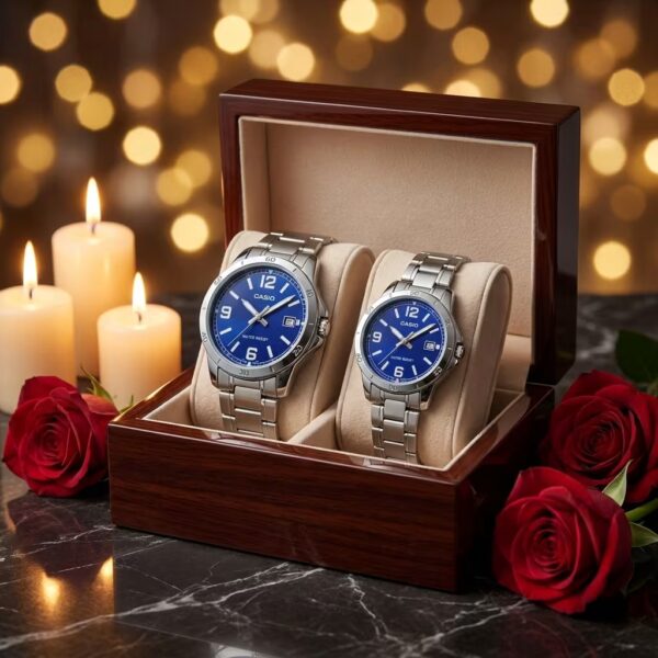 Casio Blue Sporty Dial Couple Watches with Silver Steel Band - Image 3