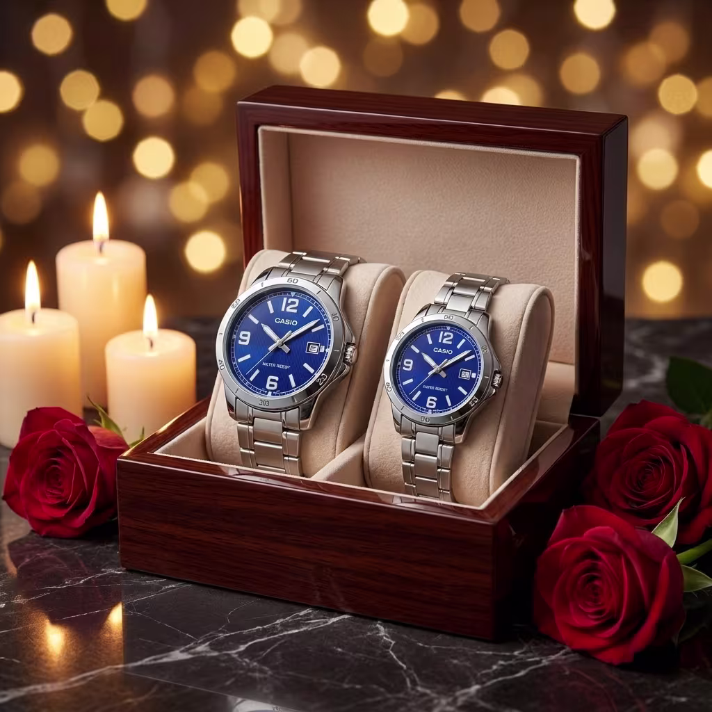 Casio Blue Sporty Dial Couple Watches with Silver Steel Band - Image 3