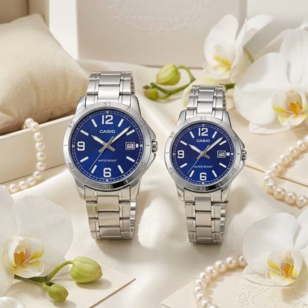 Casio couple watches with blue sporty dials and silver stainless-steel bands