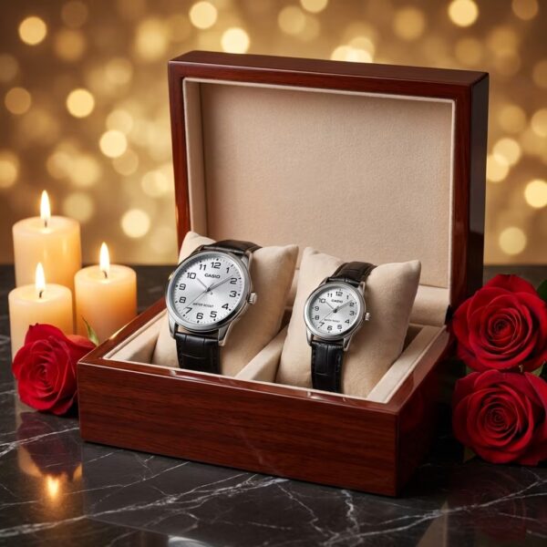 Casio silver dial couple watch set with black leather straps presented as a wedding gift