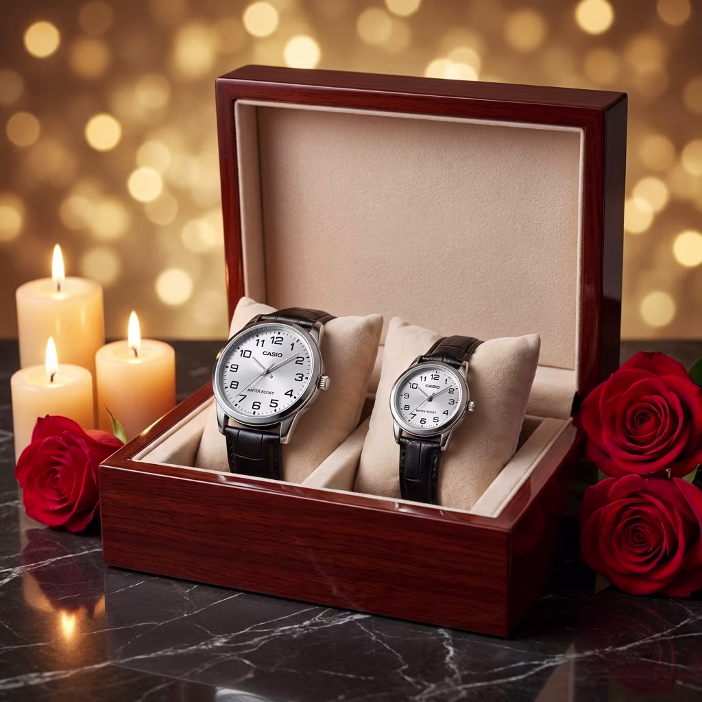 Casio silver dial couple watch set with black leather straps presented as a wedding gift