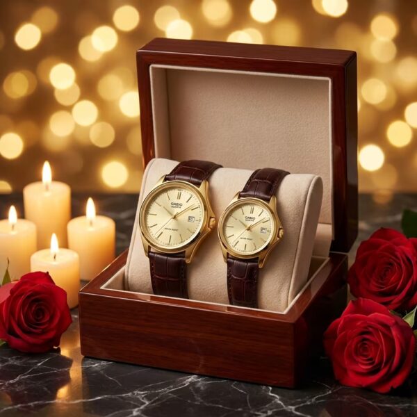 Casio couple watch set with gold dials and brown leather straps presented in a gift box