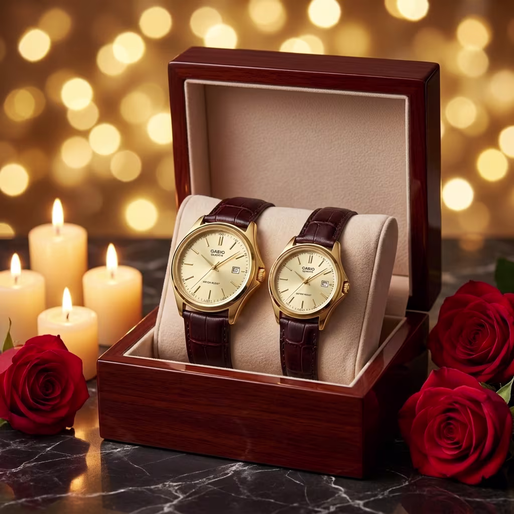 Casio couple watch set with gold dials and brown leather straps presented in a gift box