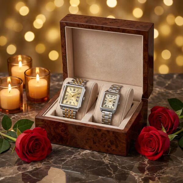 Casio rectangular couple watch set in gold and silver presented as a wedding or anniversary gift