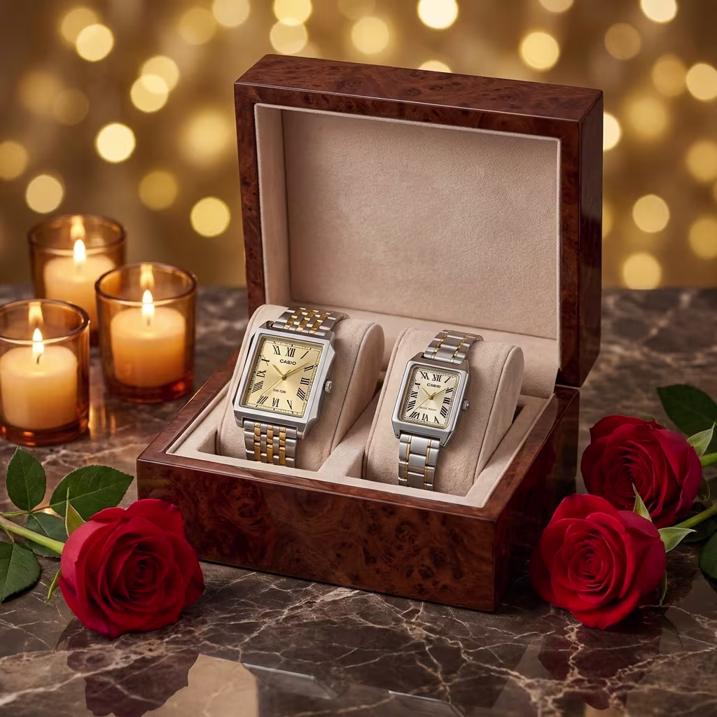 Casio rectangular couple watch set in gold and silver presented as a wedding or anniversary gift