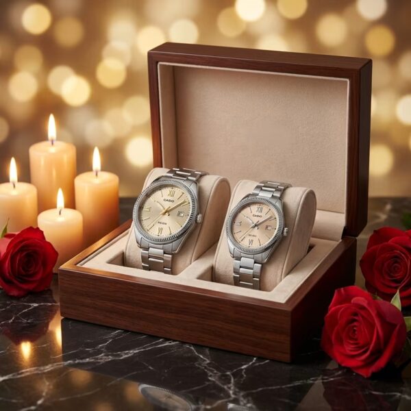 Casio MTP-1302DD-9AV & LTP-1302DD-4A2V Couple Watches – Golden Dial Silver Chain - Image 3