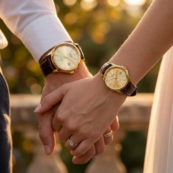 Couple wearing matching Casio gold dial watches with brown leather straps