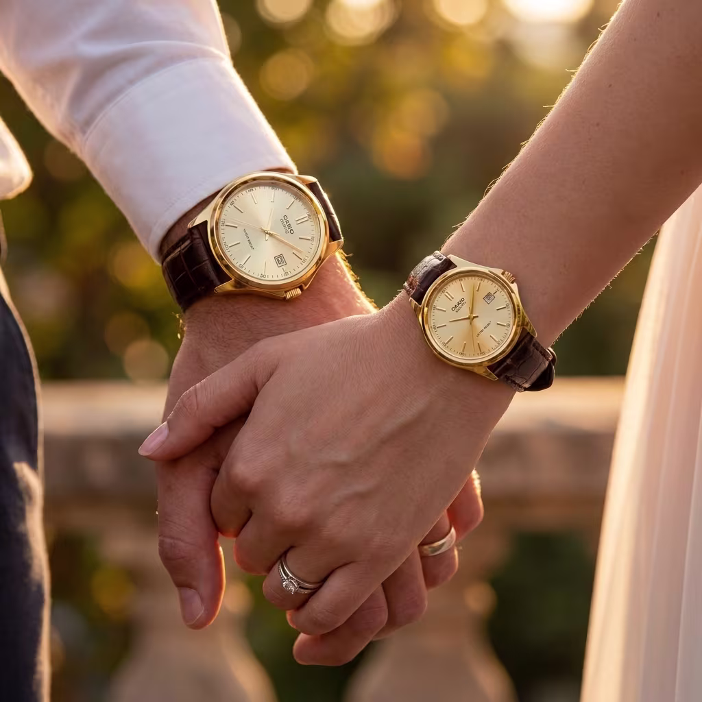 Couple wearing matching Casio gold dial watches with brown leather straps