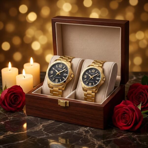Casio black dial golden couple watch set presented as a wedding or anniversary gift