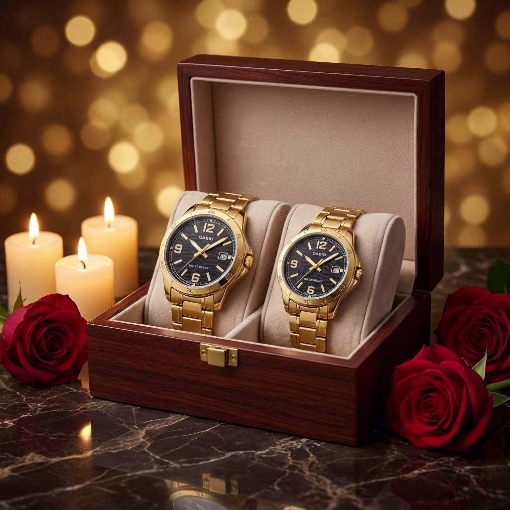 Casio black dial golden couple watch set presented as a wedding or anniversary gift