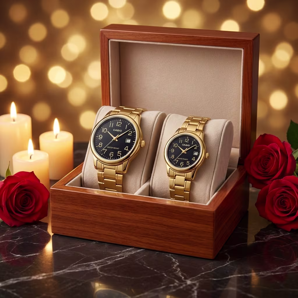 Casio Black Numeric Dial Couple Watches with Golden Steel Band - Image 3
