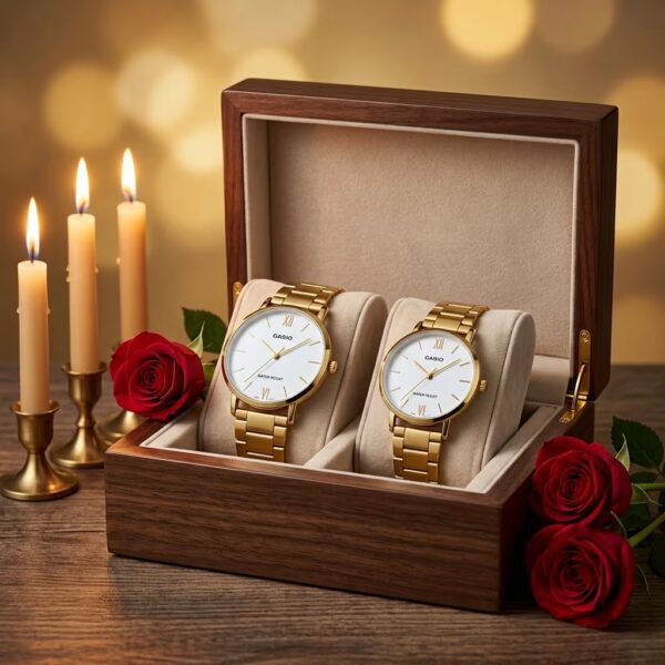 Casio minimalist white dial golden couple watch set presented as a wedding or anniversary gift