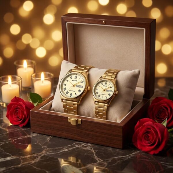 Casio golden Roman dial couple watch set presented as a wedding or anniversary gift
