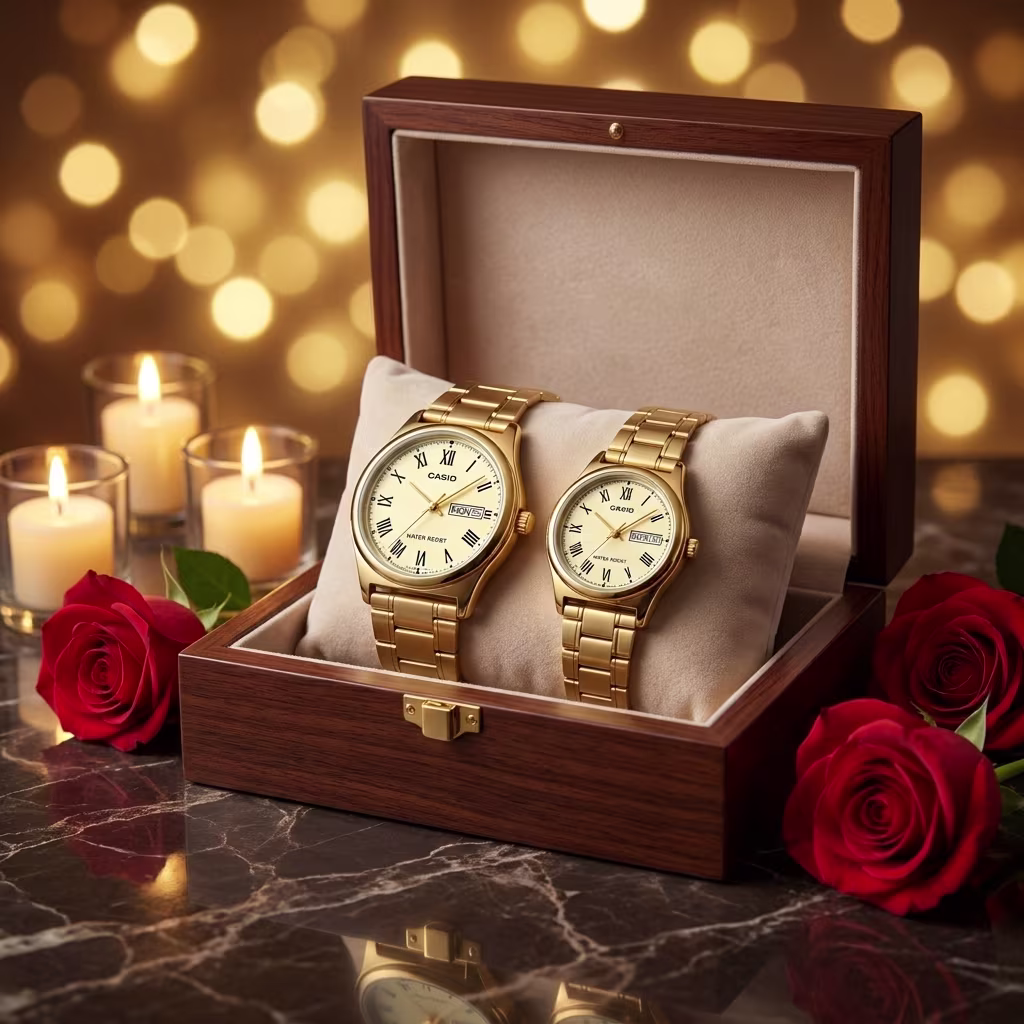 Casio golden Roman dial couple watch set presented as a wedding or anniversary gift