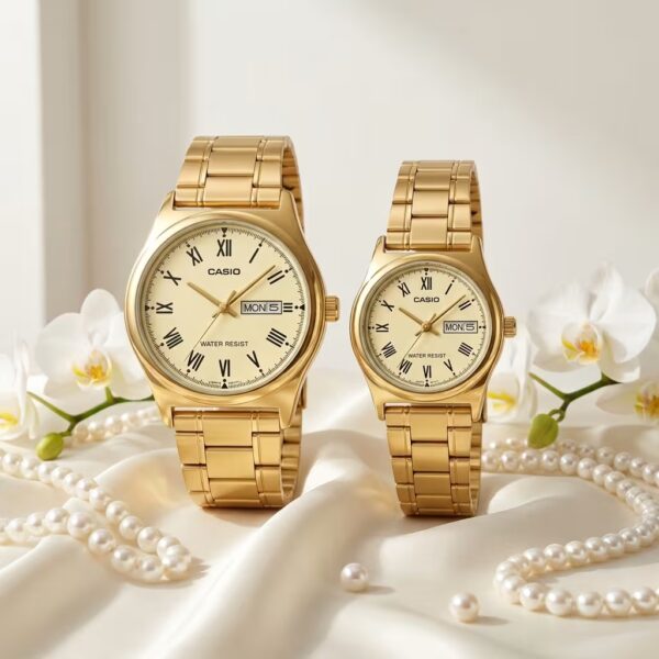 Casio golden couple watches with Roman numeral dials and day-date display
