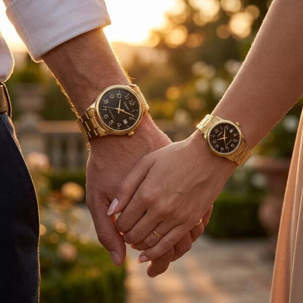 Alternative view of Casio Black Numeric Dial Couple Watches with Golden Steel Band