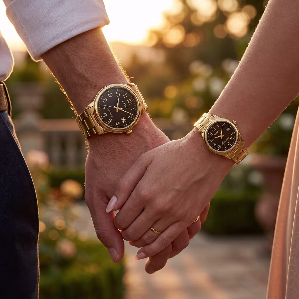 Casio Black Numeric Dial Couple Watches with Golden Steel Band - Image 2