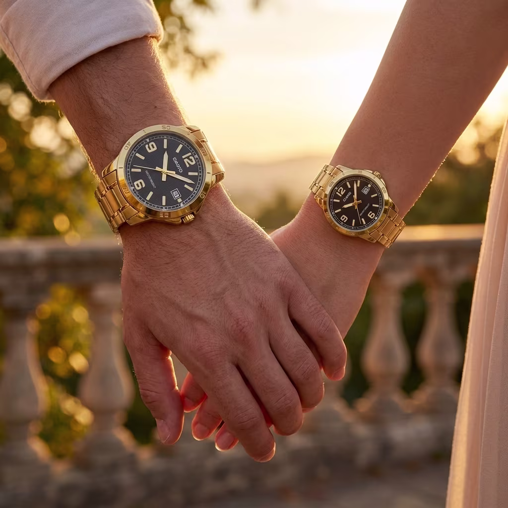 Couple wearing matching Casio black dial watches with golden stainless-steel bracelets