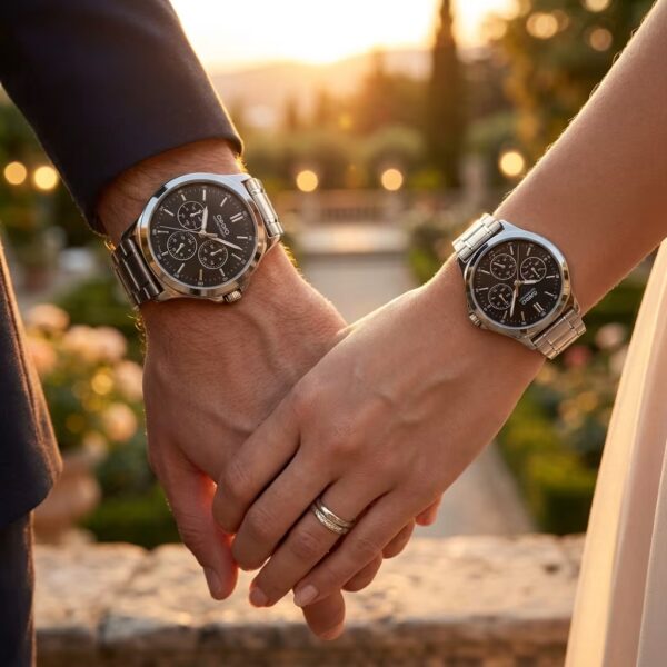 Alternative view of Casio Black Multi-Dial Couple Watches with Silver Steel Band