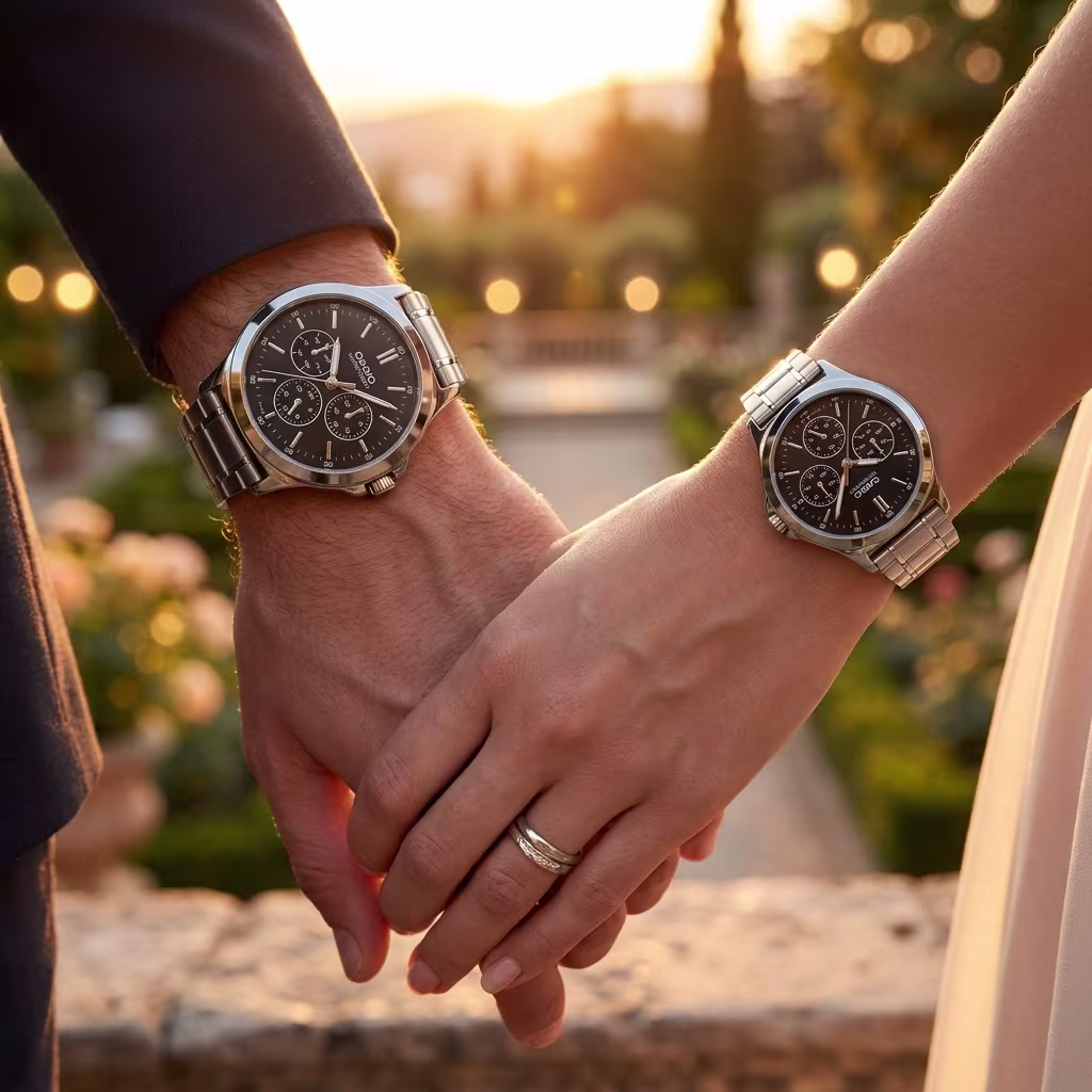 Casio Black Multi-Dial Couple Watches with Silver Steel Band - Image 2