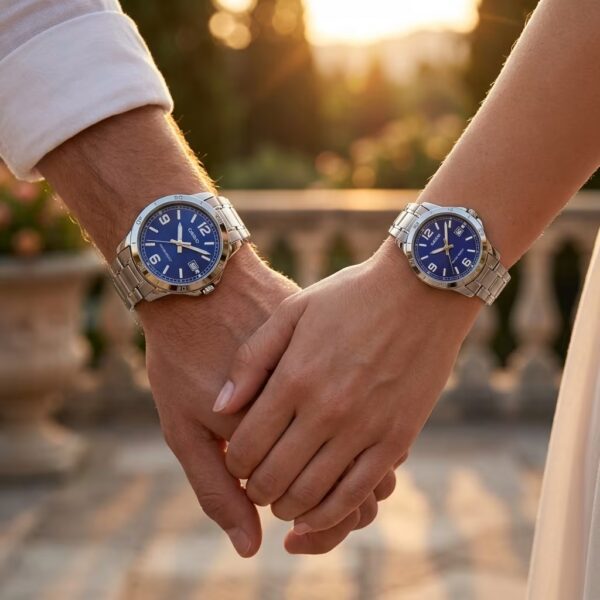 Couple wearing matching Casio blue dial watches with silver stainless-steel bracelets