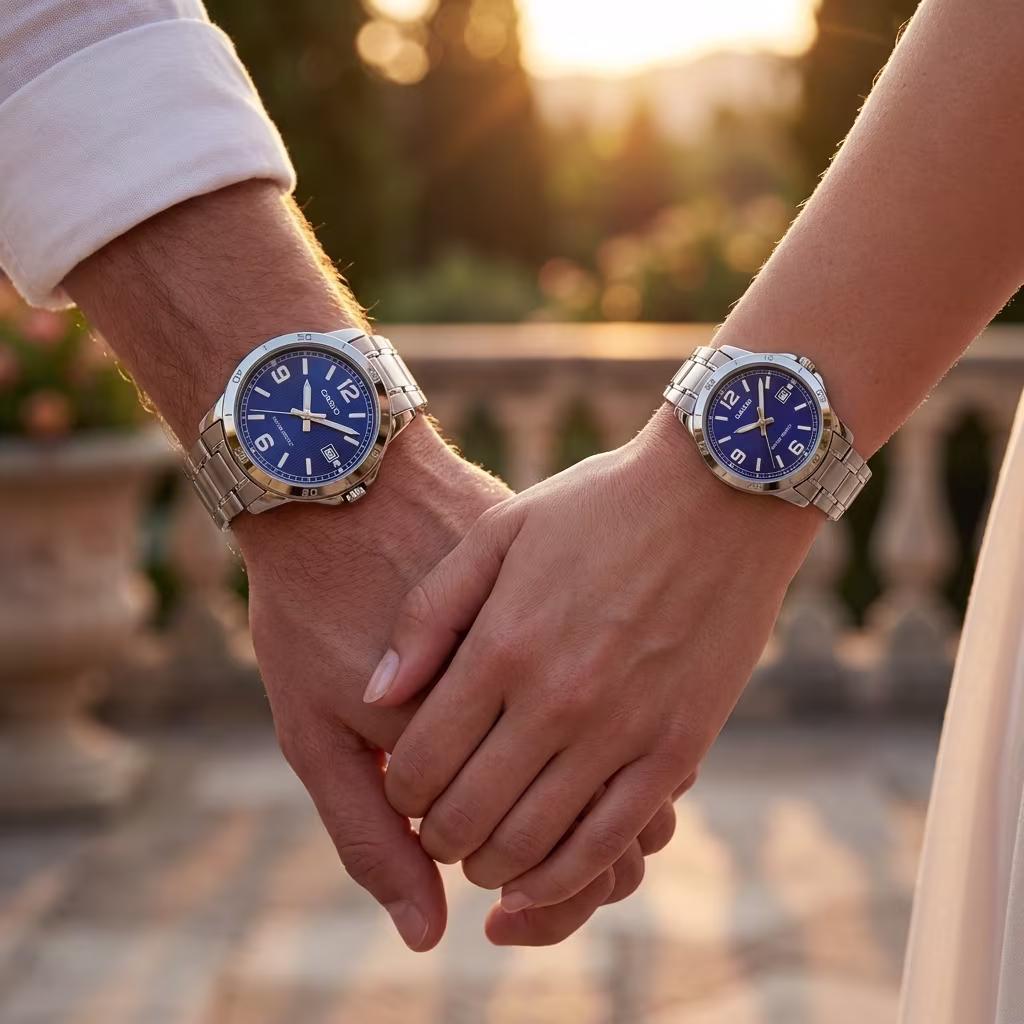 Couple wearing matching Casio blue dial watches with silver stainless-steel bracelets