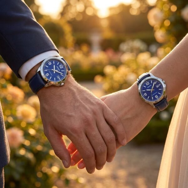 Couple wearing matching Casio blue dial watches with blue leather straps