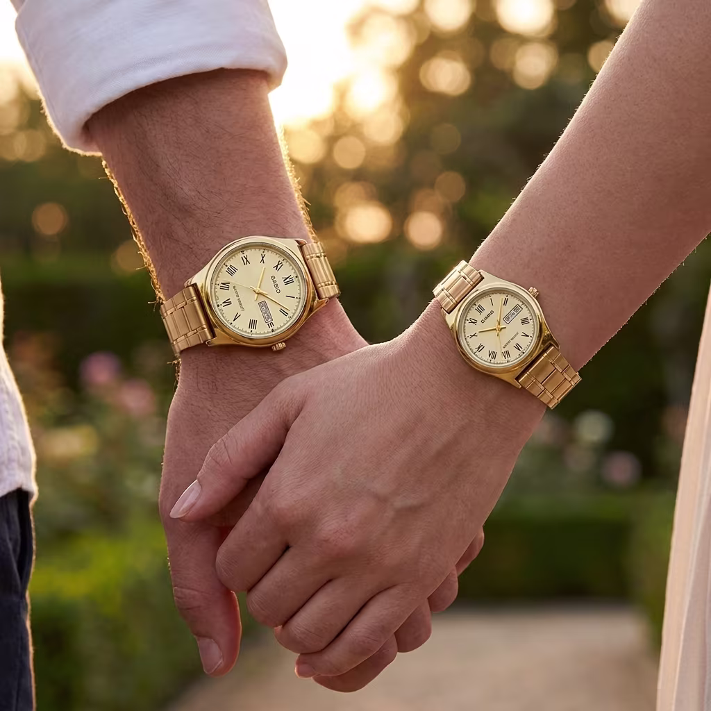 Couple wearing matching Casio golden watches with classic Roman numeral dials