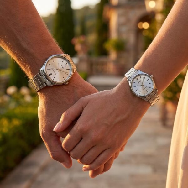 Couple wearing matching Casio minimalist white dial watches with silver steel bracelets