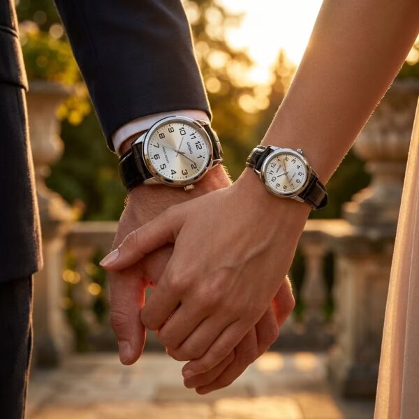 Couple wearing matching Casio silver dial watches with black leather straps