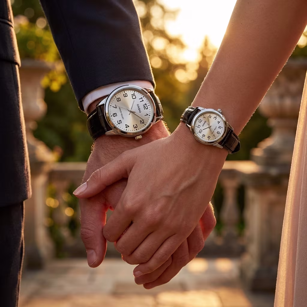Couple wearing matching Casio silver dial watches with black leather straps