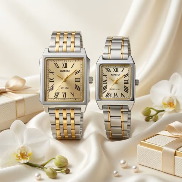 Casio MTP-B190SG-9BV and LTP-V007SG-9B rectangular couple watches in silver and gold