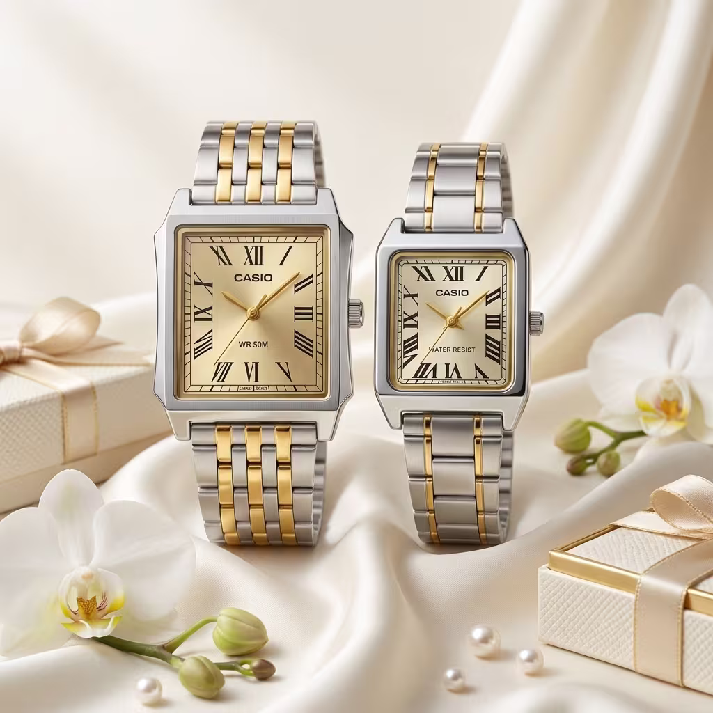 Casio MTP-B190SG-9BV and LTP-V007SG-9B rectangular couple watches in silver and gold