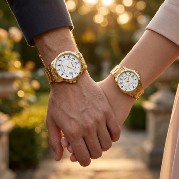 Couple wearing matching Casio white dial watches with golden stainless-steel bracelets