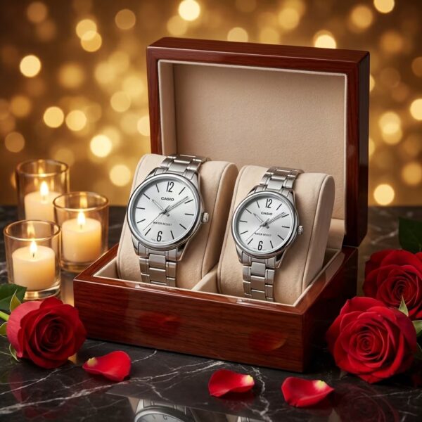 Casio minimalist white dial couple watch set presented as a wedding or anniversary gift