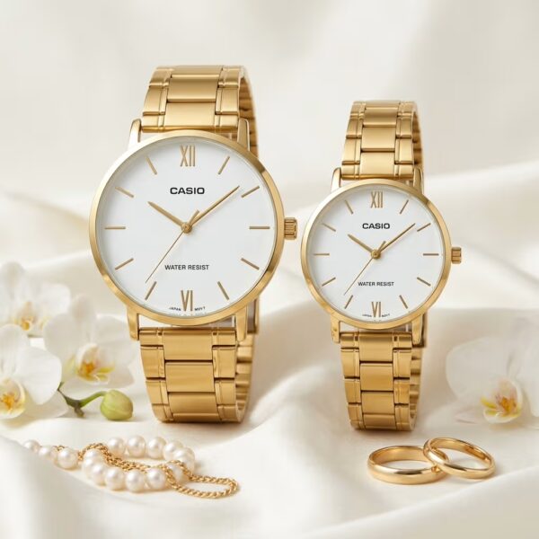 Casio minimalist couple watches with white dials and golden stainless-steel bands