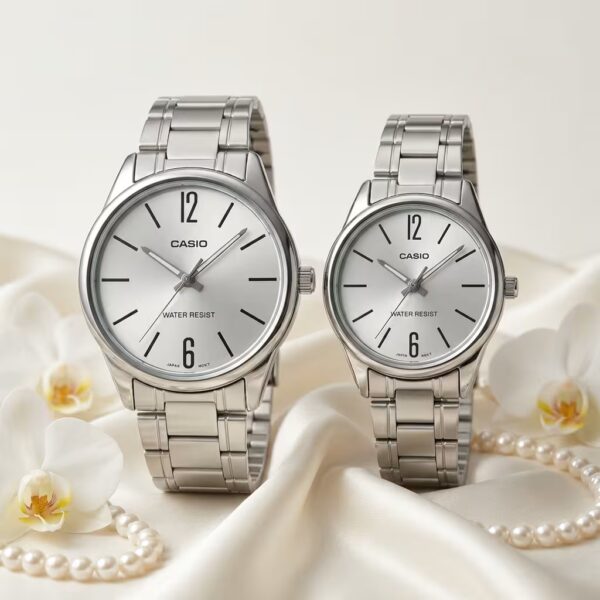 Casio minimalist couple watches with white dials and silver stainless-steel bands