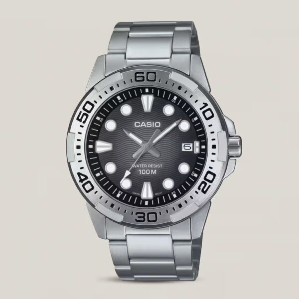 Casio MTD-140D-1AV men's watch with black dial, date display, 100M water resistance and stainless steel band