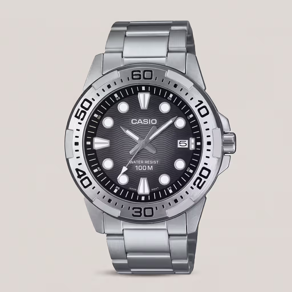 Casio MTD-140D-1AV men's watch with black dial, date display, 100M water resistance and stainless steel band