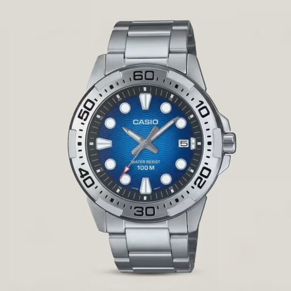 Casio MTD-140D-2AV men's watch with blue dial, date display, 100M water resistance and stainless steel band