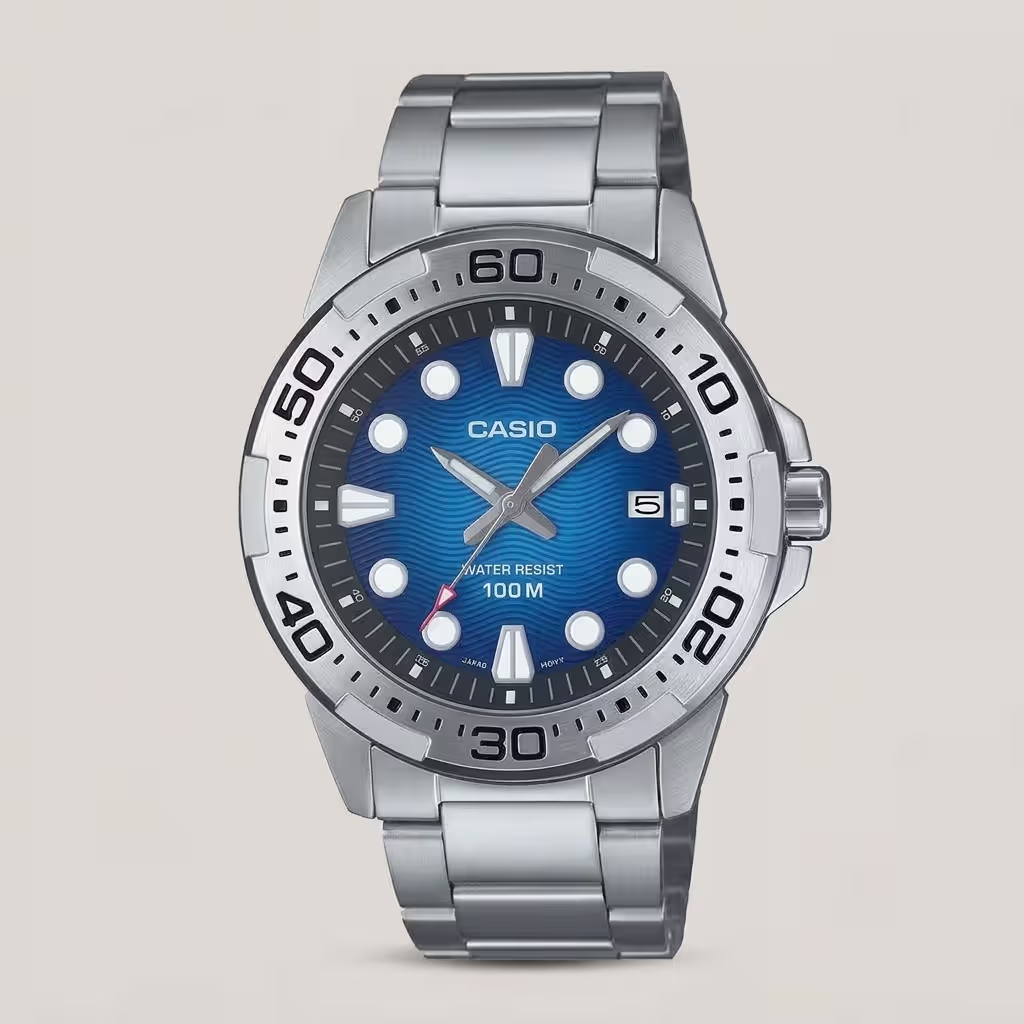 Casio MTD-140D-2AV men's watch with blue dial, date display, 100M water resistance and stainless steel band